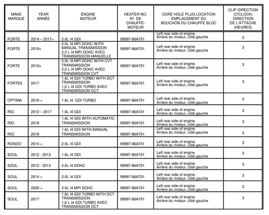 Kia Standard Block Heater Kit - Forte, Seltos, Soul, Rio 9999786A701