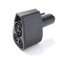 Black cylindrical NACS EV electrical connector with multiple sockets CCS on a white background