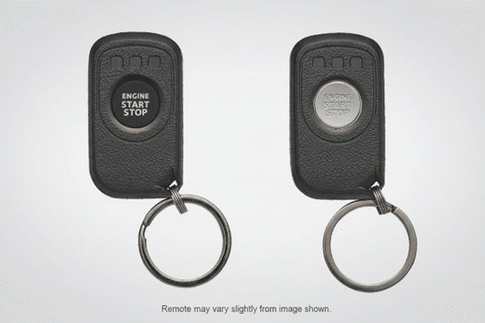 Two black remote starter key fobs with engine start stop buttons on a white background